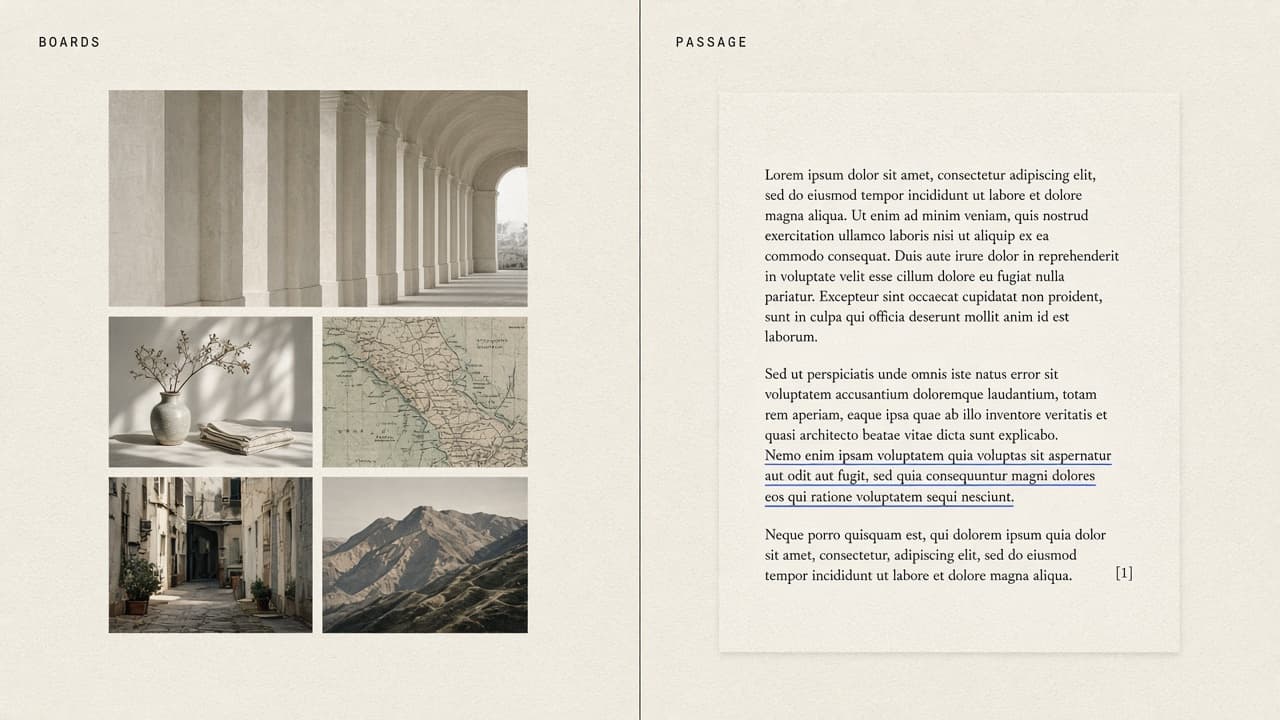 Editorial split: visual boards of photos on the left, a cited passage on the right
