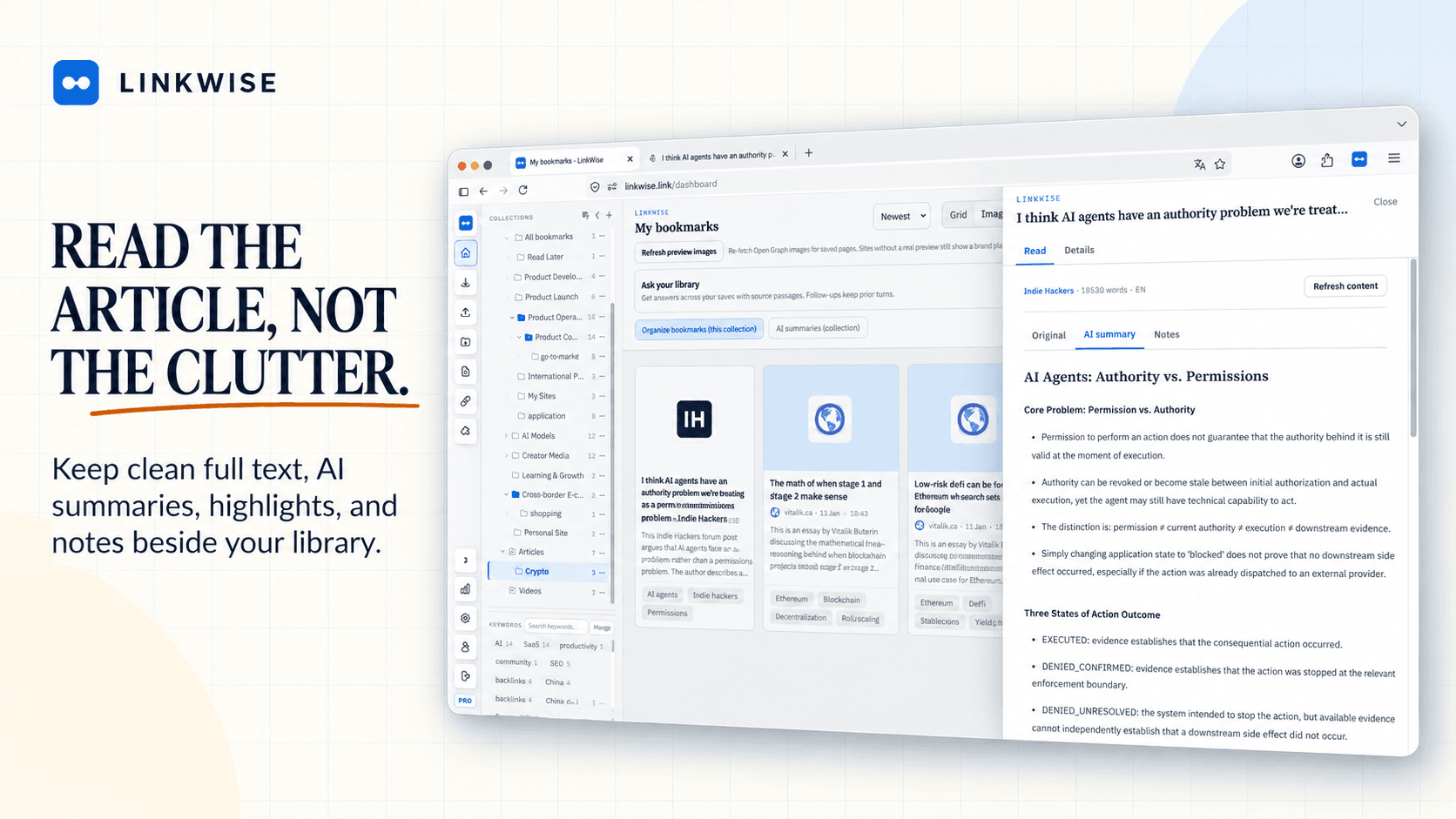 Article reading view with source text in LinkWise