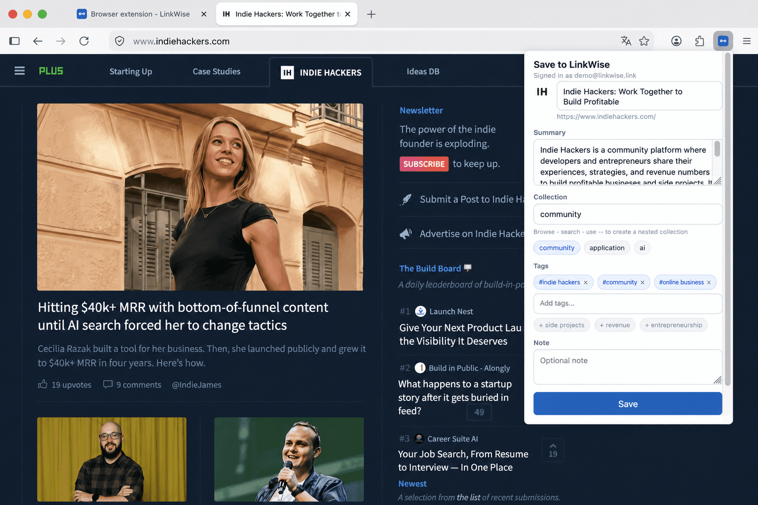 LinkWise browser extension generating a summary and tags while browsing