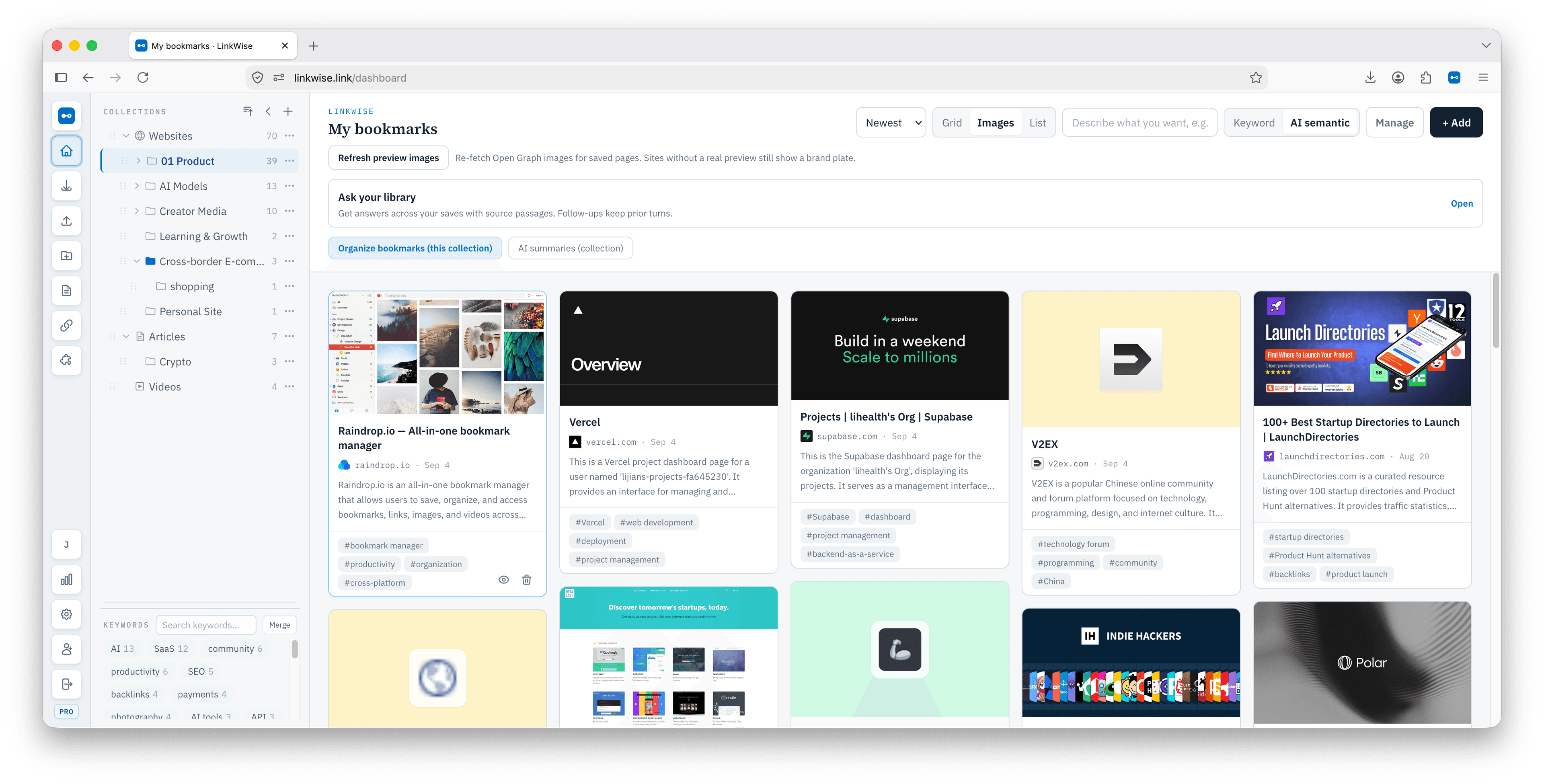 LinkWise library—collections, semantic search, and knowledge assets from the public web